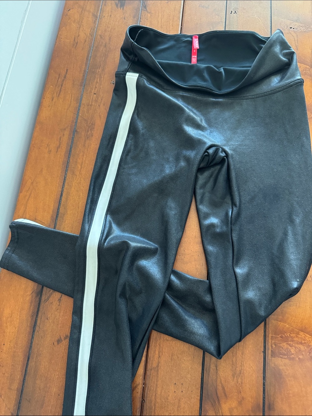 SPANX High-Rise Black Faux Leather Leggings with White Side Stripe